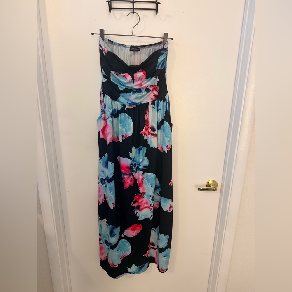 Strapless Dress with Blue and Pink Floral Pattern